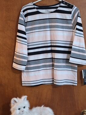 Nautica Striped Boatneck Three-Quarter Sleeve Top - White, Black & Gray